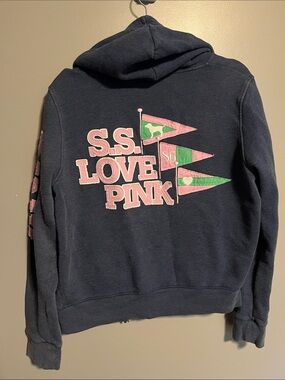 Vintage S.S. Love Pink Navy Hoodie with Pink & Green Pennants